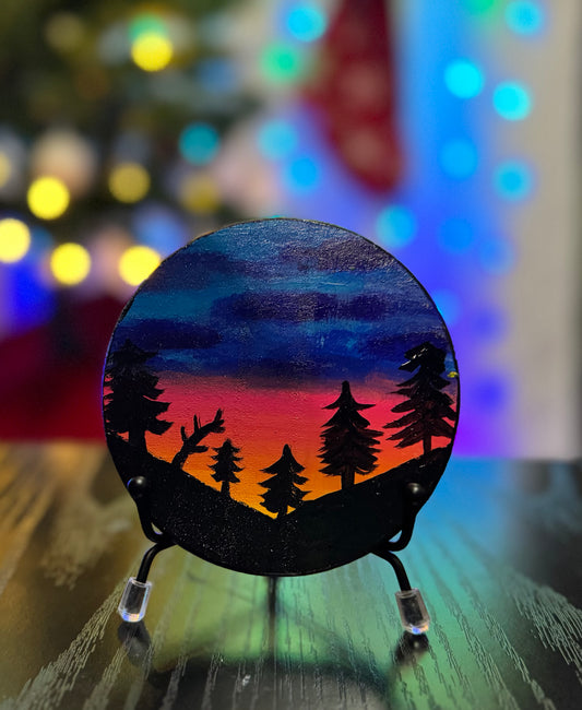 Silhouette Coaster Sunset Evergreens